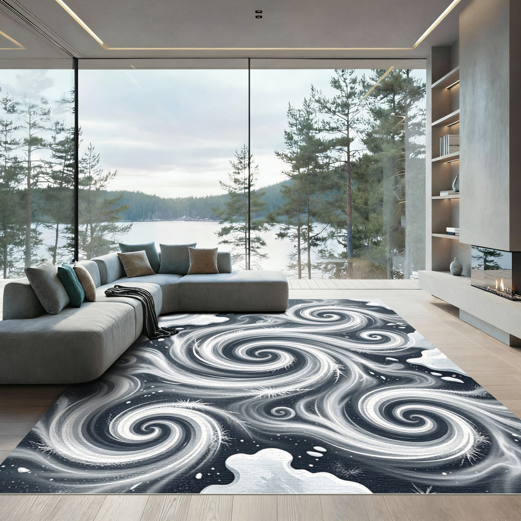 Ethereal Charcoal and White Swirling Frost Rug
