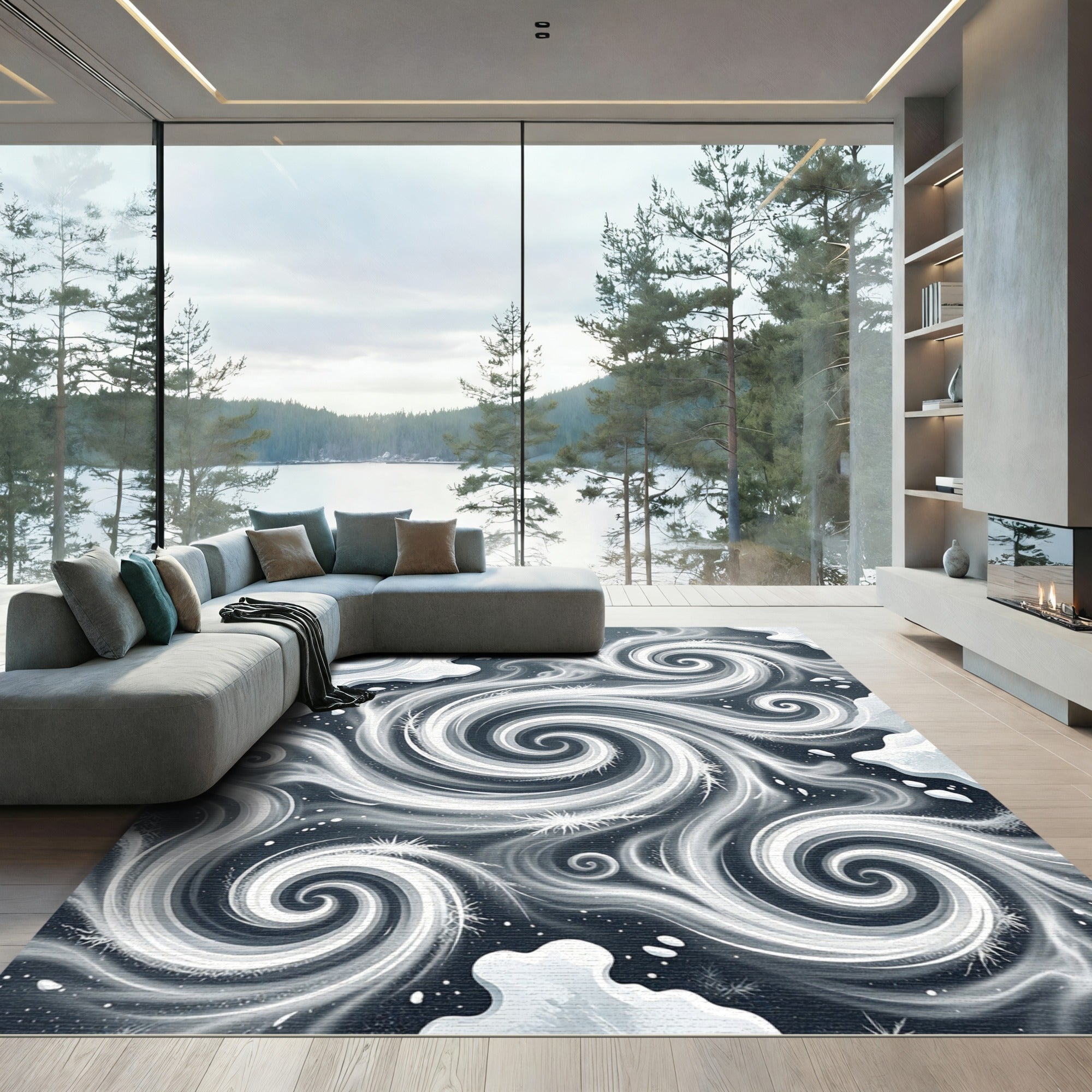 Ethereal Charcoal and White Swirling Frost Rug