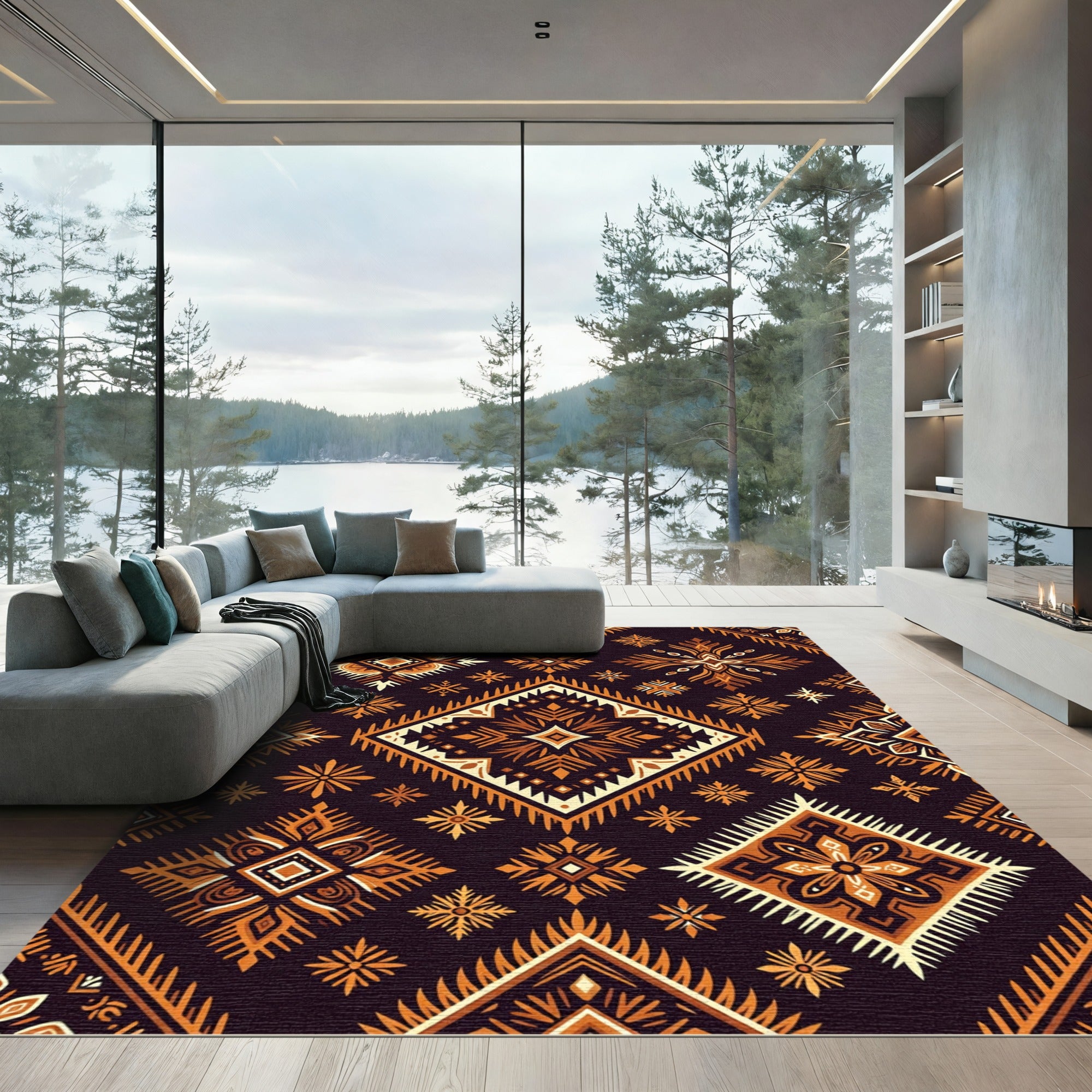 Earthy Amber Geometric Tribal Diamond Rug