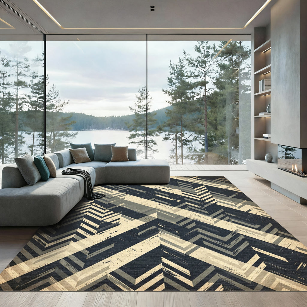 Charcoal and Cream Chevron Geometric Rug