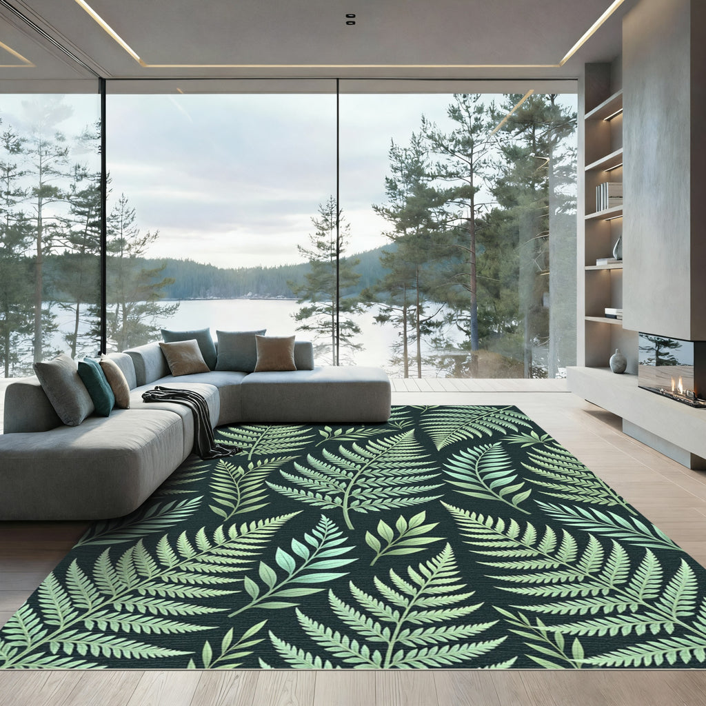 Lush Green Botanical Fern Leaf Art Rug