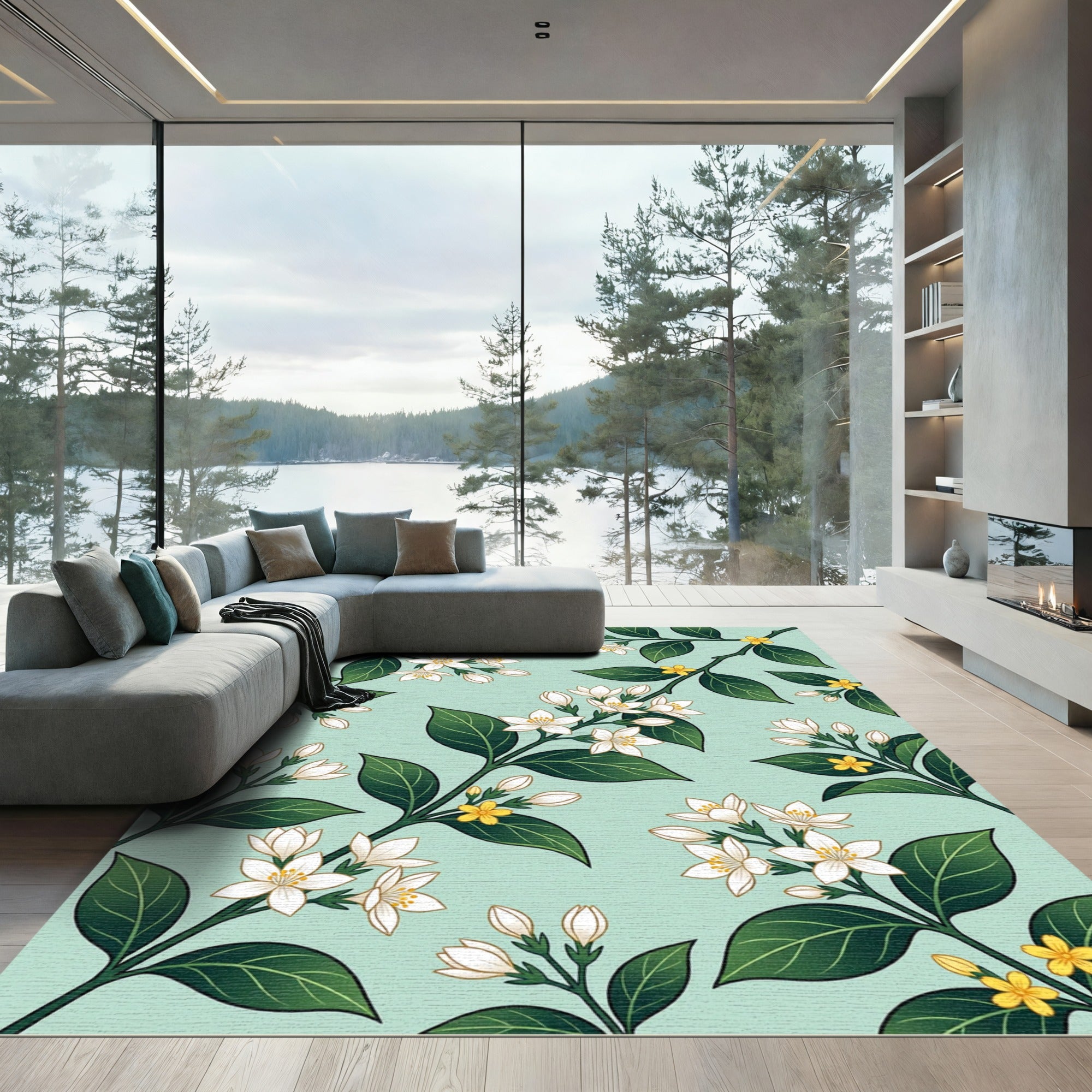 Green Leaf White Blossom Sprig Rug