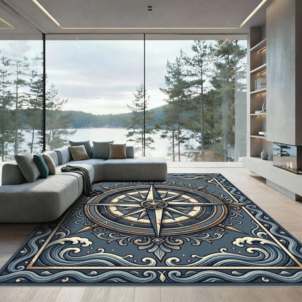 Vintage Navy Compass Nautical Wave Art Rug