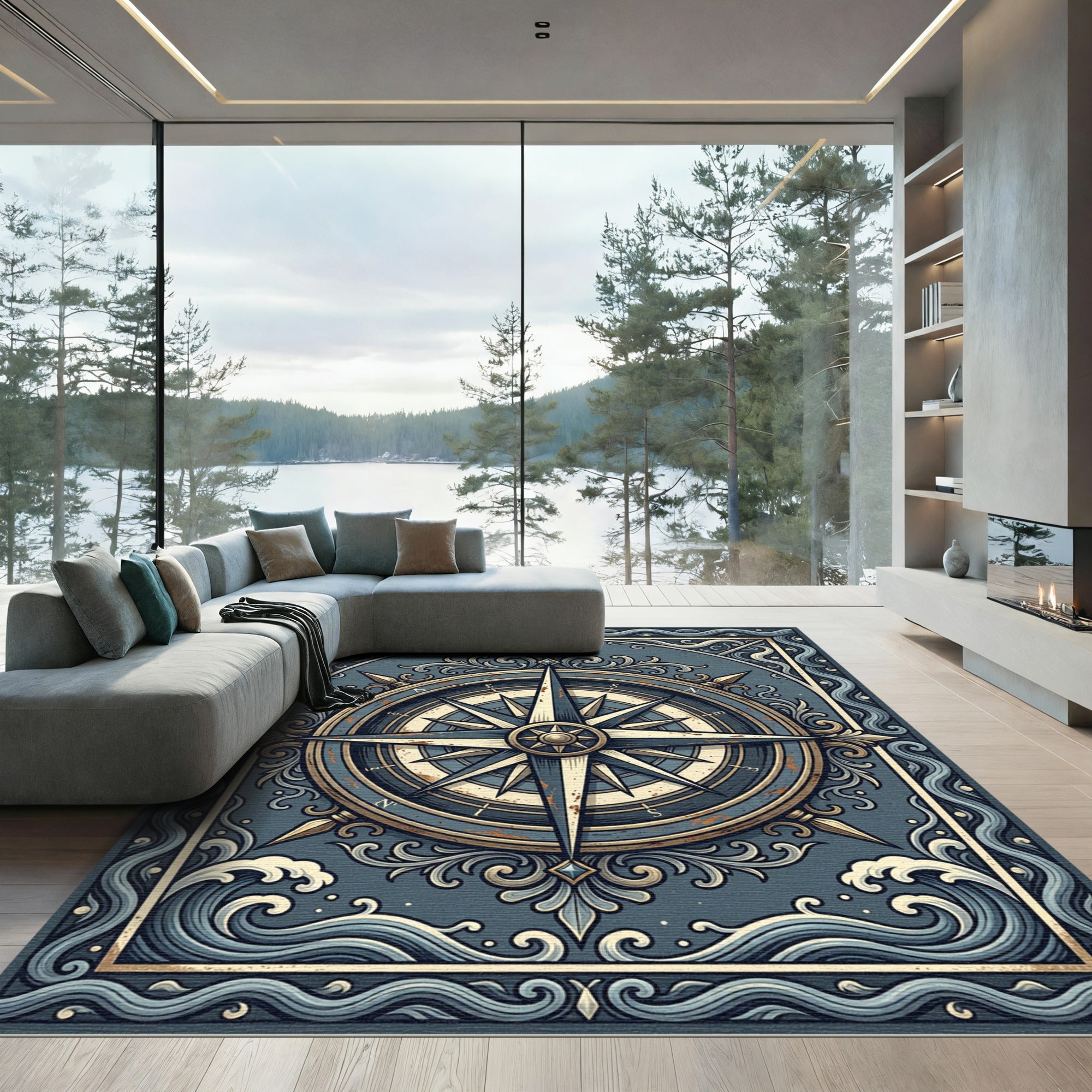 Vintage Navy Compass Nautical Wave Art Rug