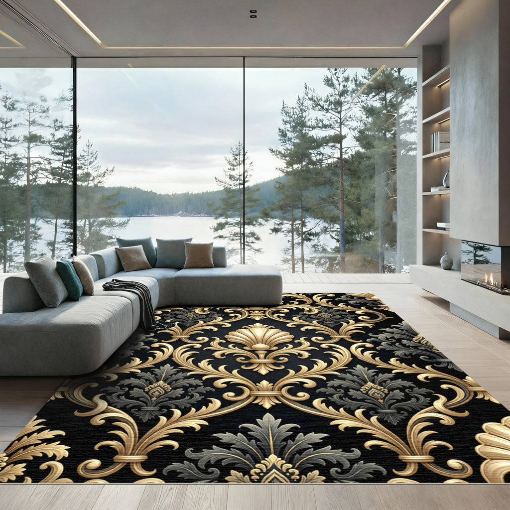 Luxurious Gold Shell Damask Black Rug