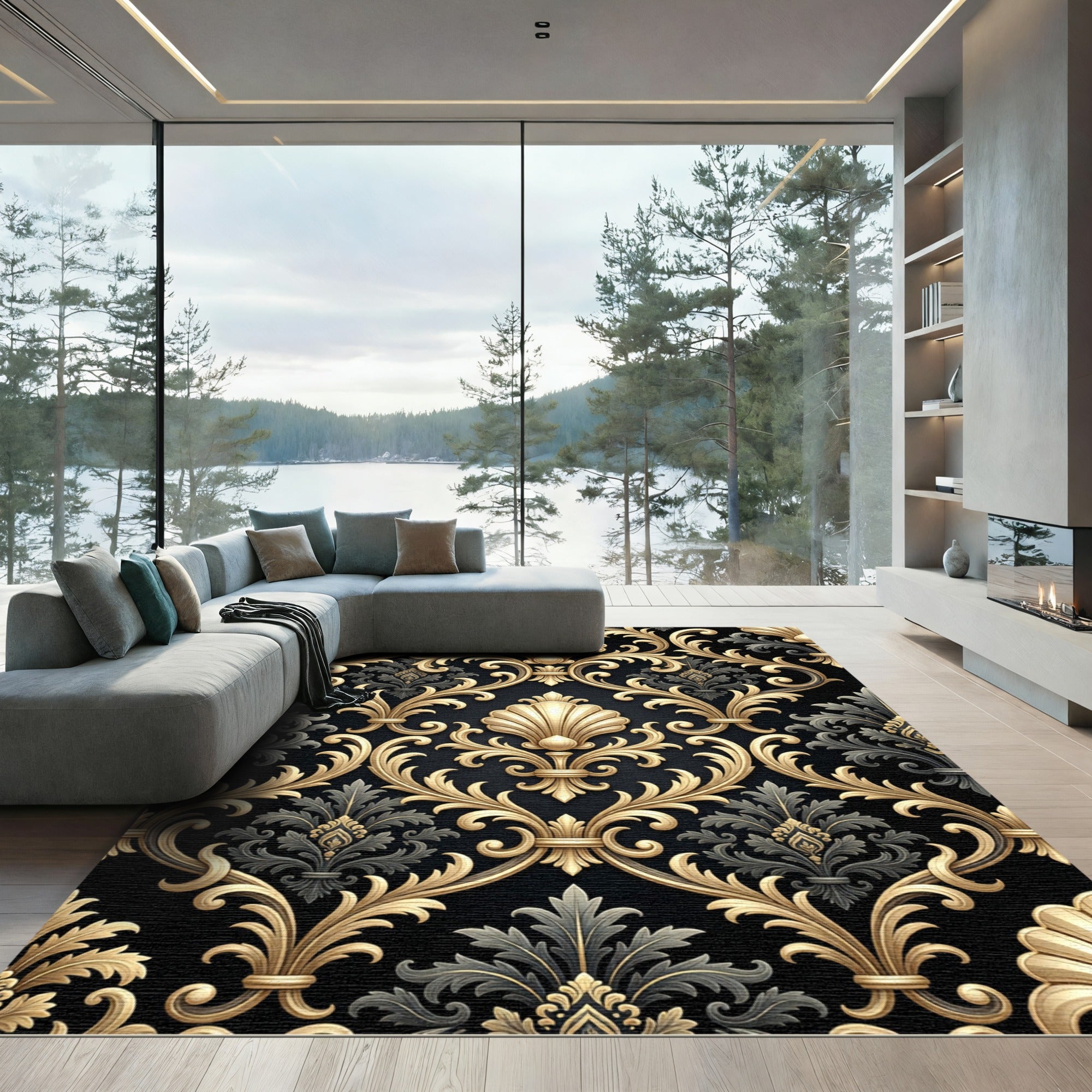 Luxurious Gold Shell Damask Black Rug