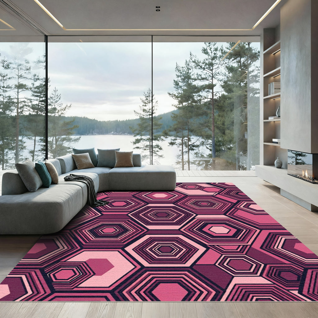 Sophisticated Pink Geometric Hexagon Mosaic Rug