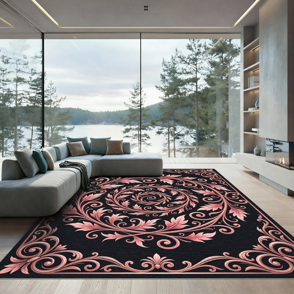Rose Gold Floral Swirl Border Rug