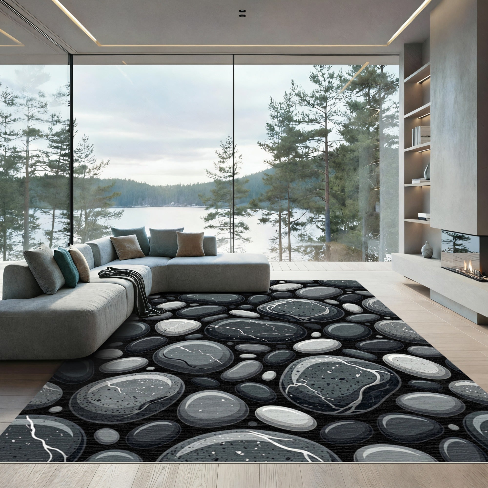 Monochromatic Pebble Texture Arrangement Rug