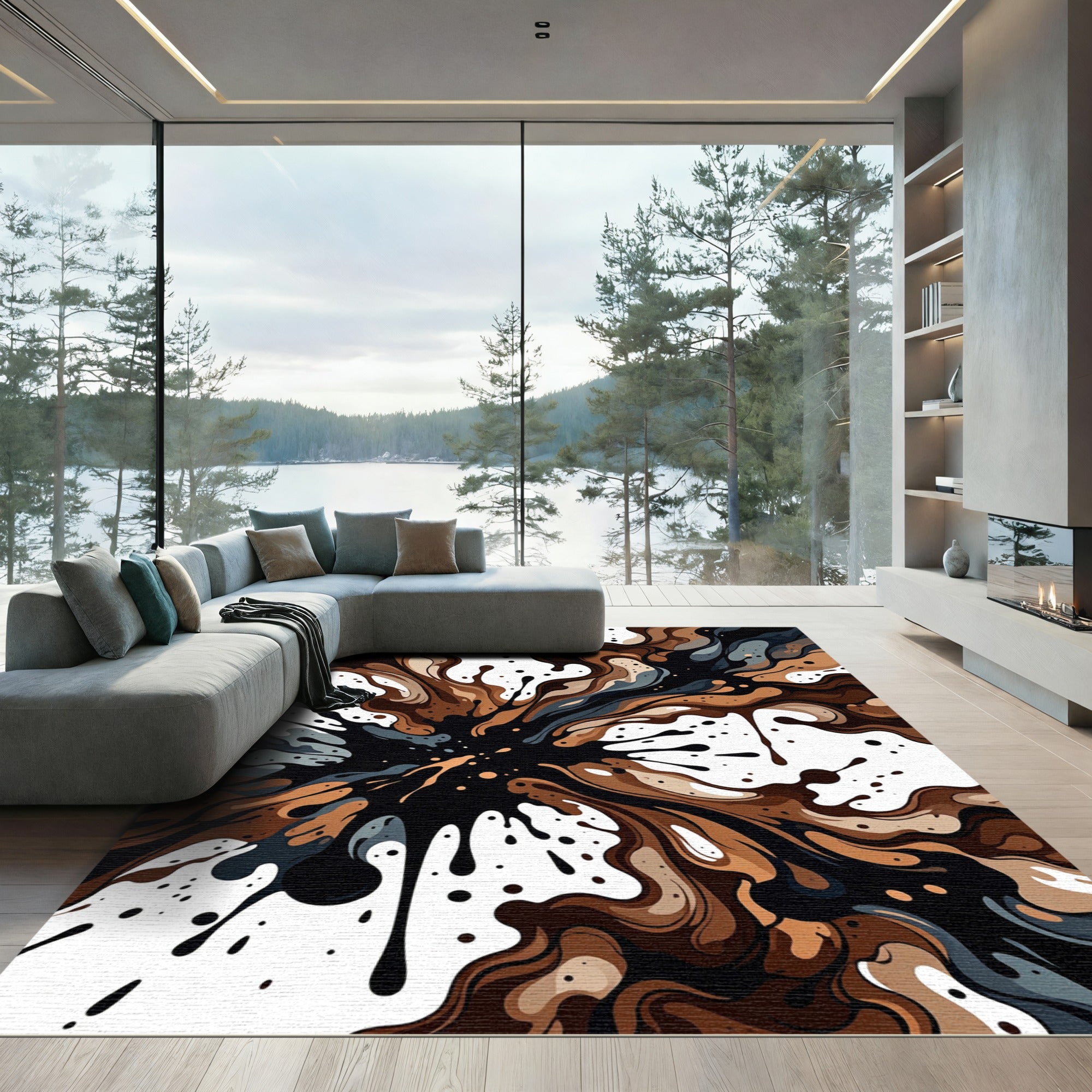 Abstract Liquid Coffee Swirl Ink Rug