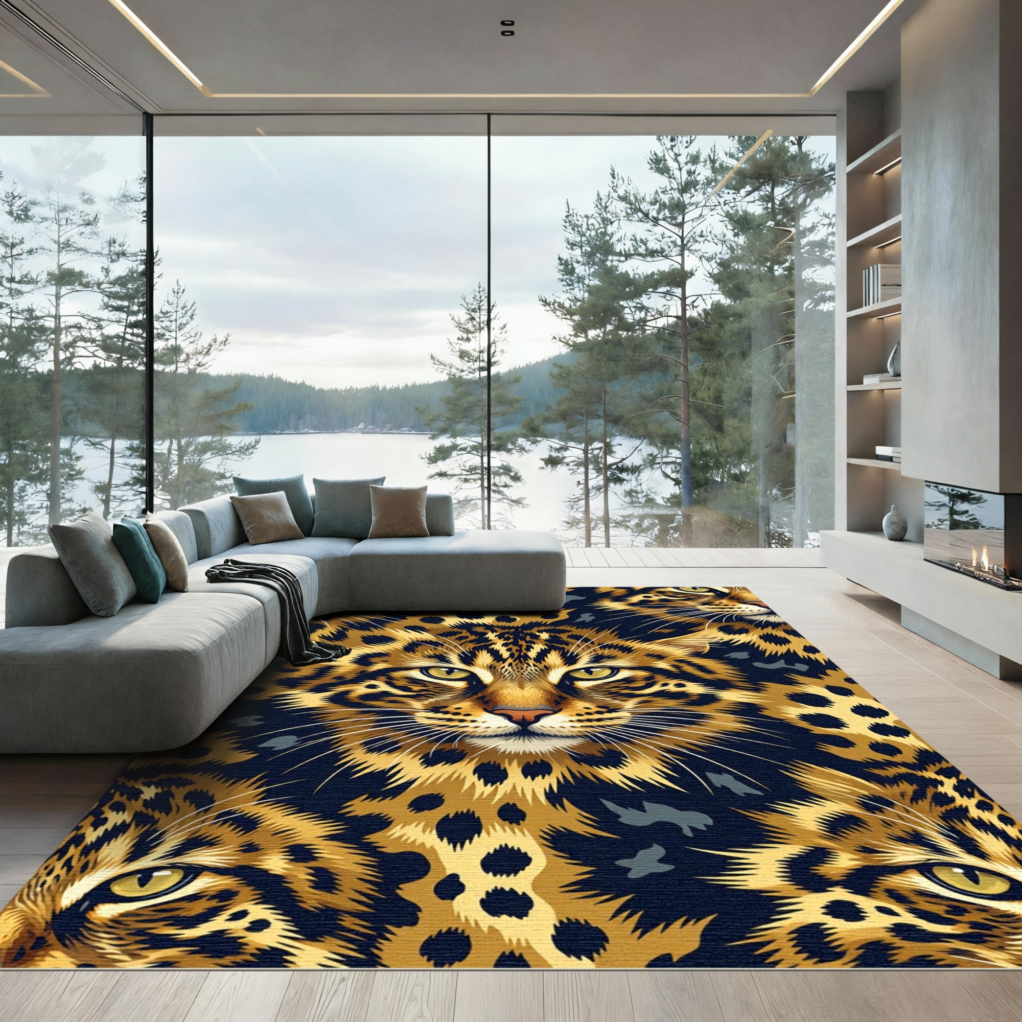 Golden Leopard Face Seamless Pattern Rug