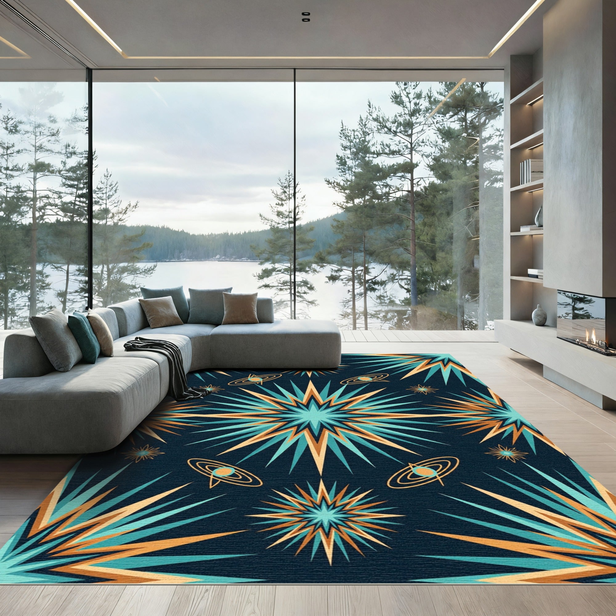 Celestial Teal and Gold Starry Sky Rug