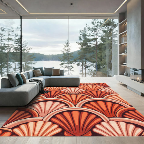 Art Deco Orange Fan Overlap Rug