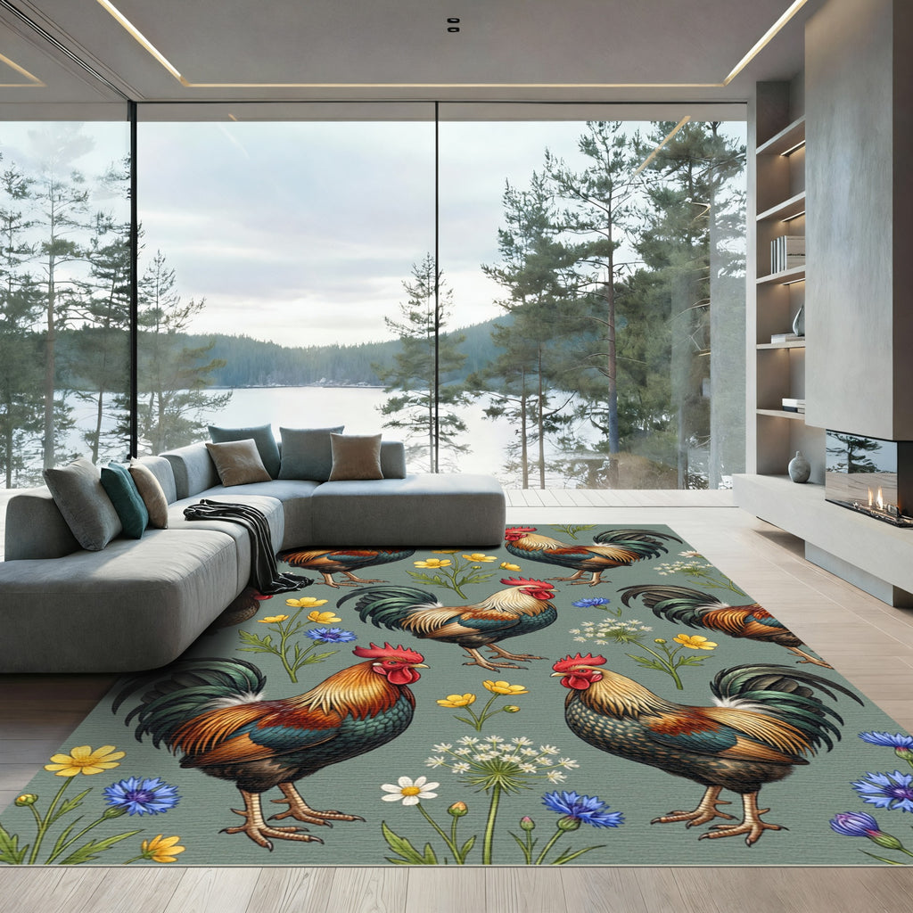 Farmhouse Rooster and Wildflower Sage Rug