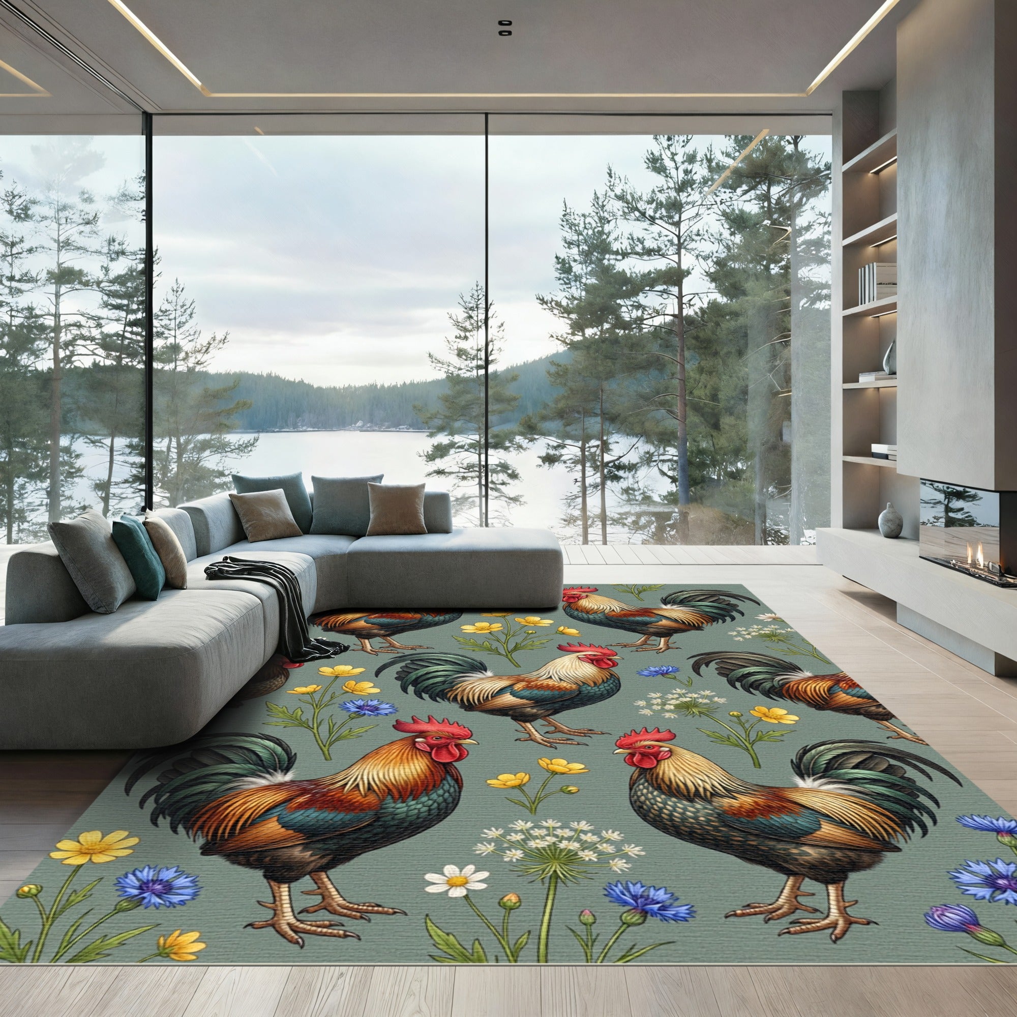Farmhouse Rooster and Wildflower Sage Rug