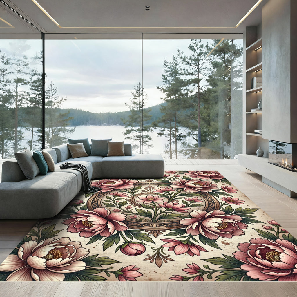 Blush Peony Floral Ornate Medallion Rug