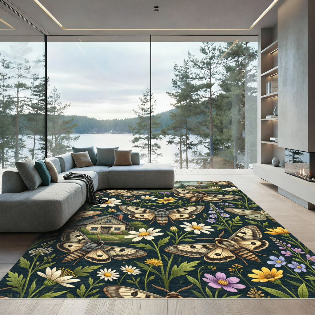 Whimsical Cottage Moth and Wildflower Meadow Rug