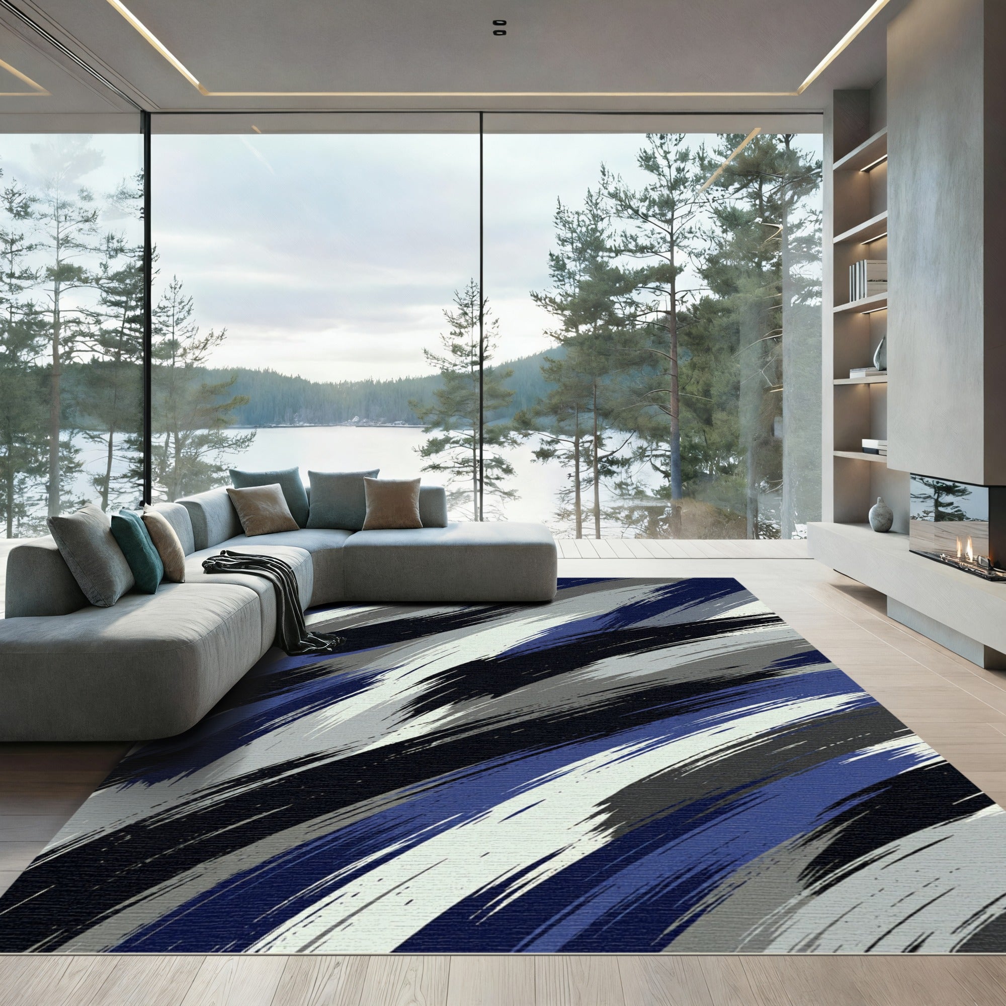Dynamic Blue Gray Brush Stroke Rug