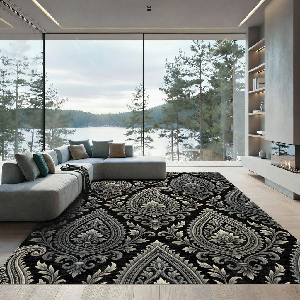 Ornate Black Silver Paisley Floral Rug