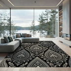Ornate Black Silver Paisley Floral Rug