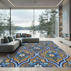 Ornate Blue Golden Floral Trellis Rug