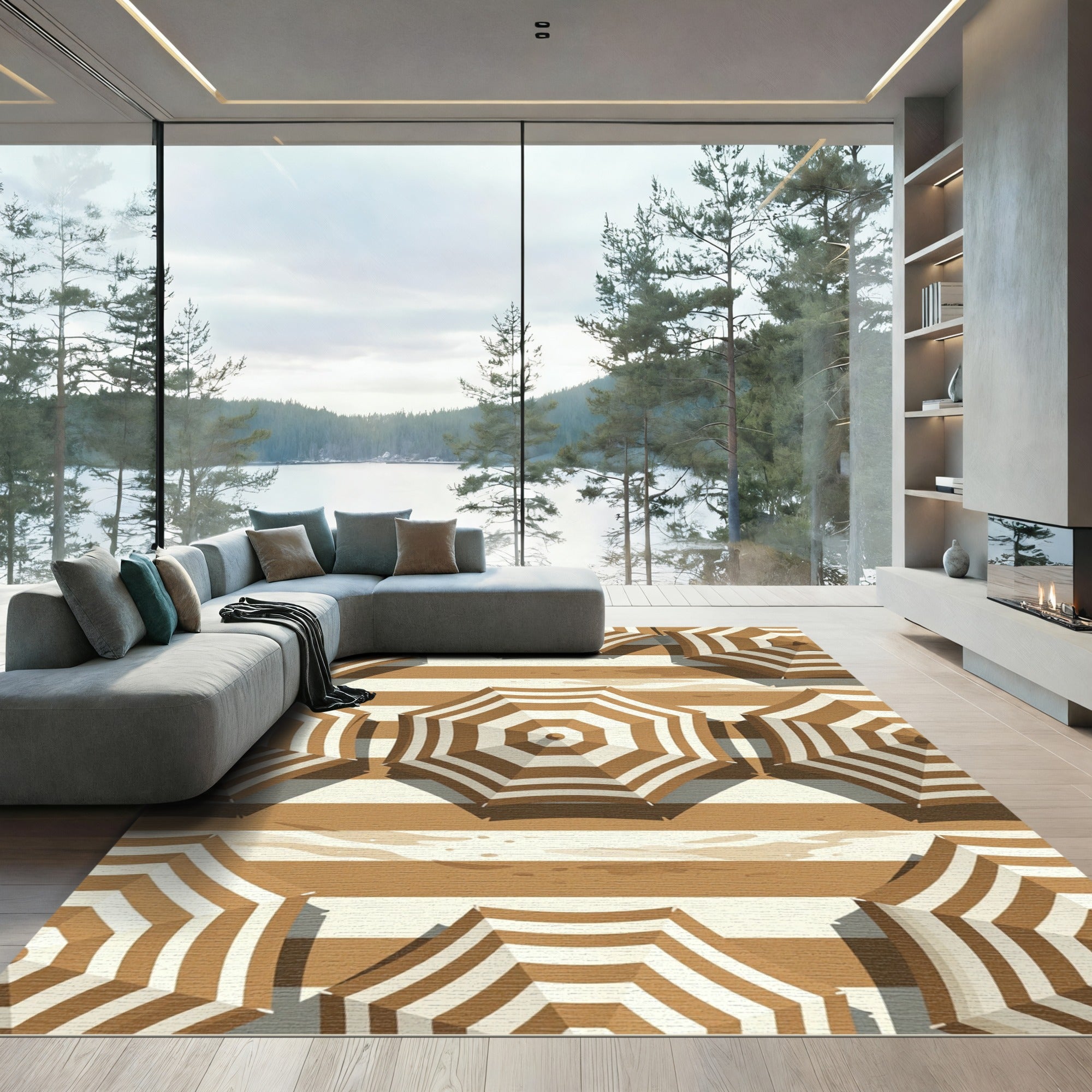 Earthy Tan Striped Beach Umbrella Rug