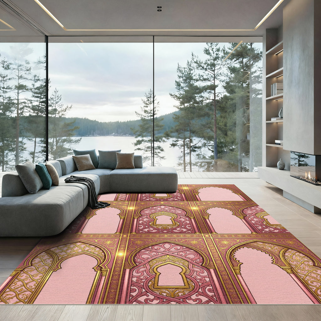 Elegant Pink Archway Ornate Gold Filigree Rug