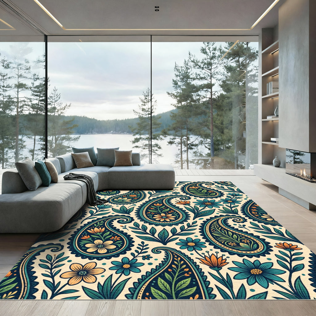 Teal Orange Paisley Floral Garden Rug