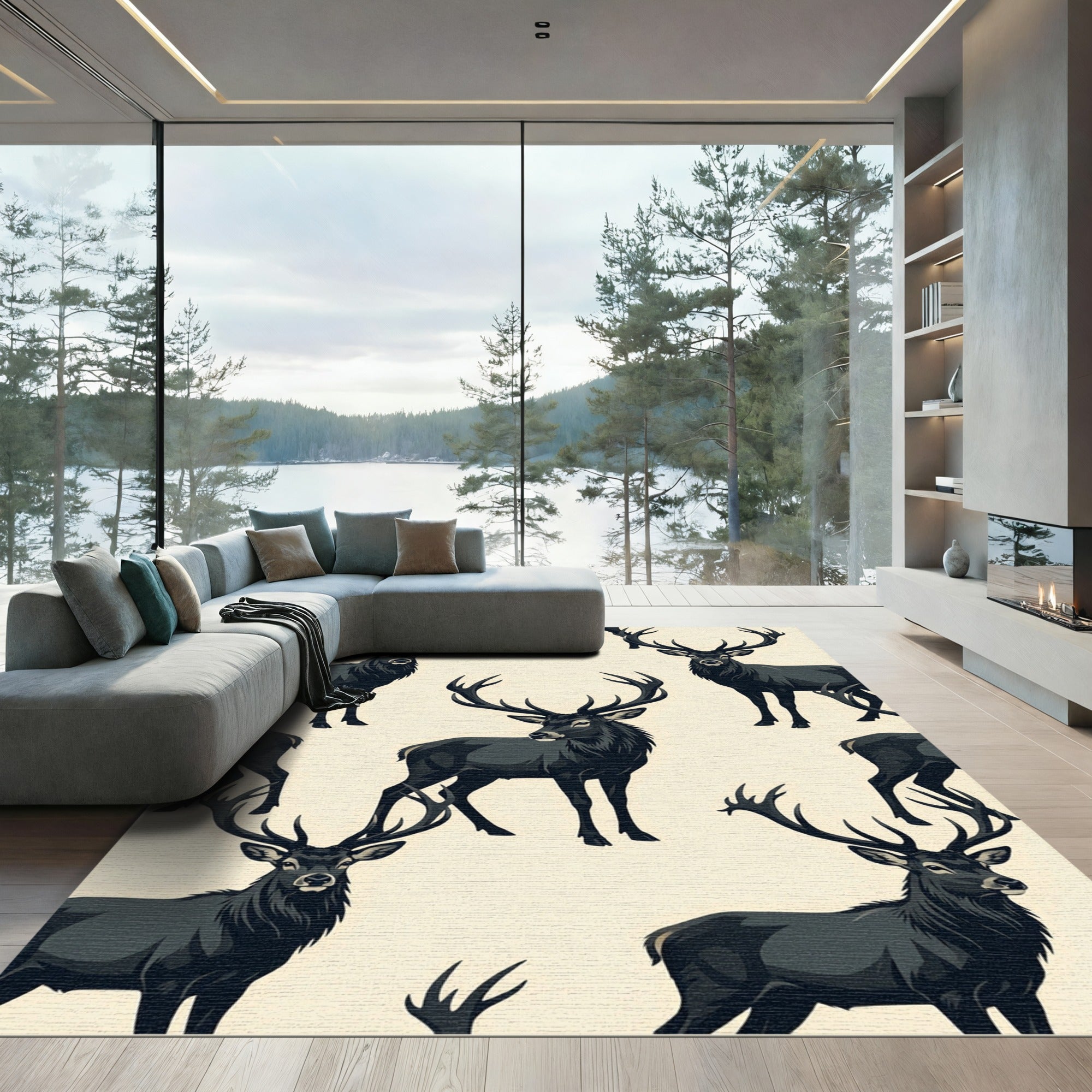 Dark Forest Stag Minimalist Cream Rug