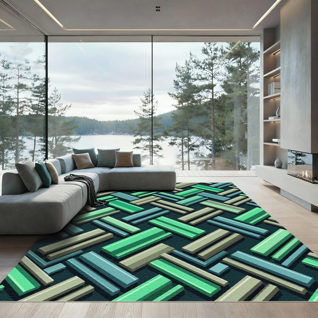Green Teal Herringbone Blocks Rug