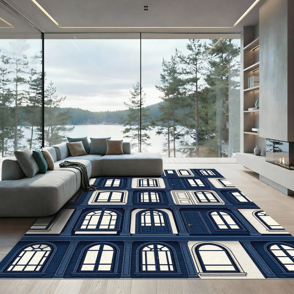Neoclassical Navy Architectural Facade Grid Rug