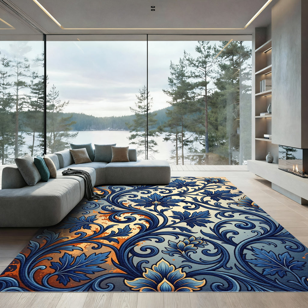 Elegant Navy Blue Swirling Floral Foliage Rug