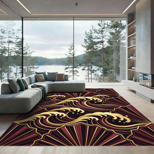 Art Deco Gold Wave Crimson Fan Rug