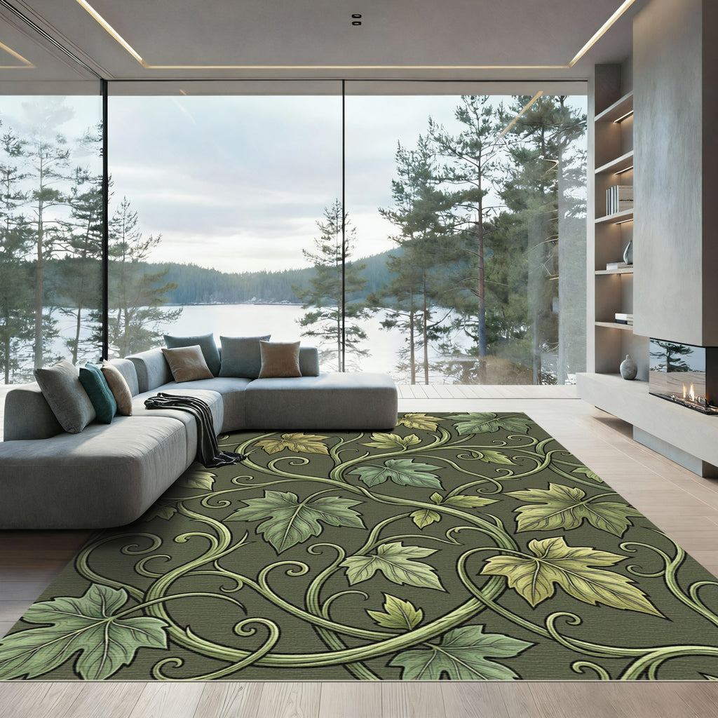 Earthy Olive Green Botanical Vine Rug