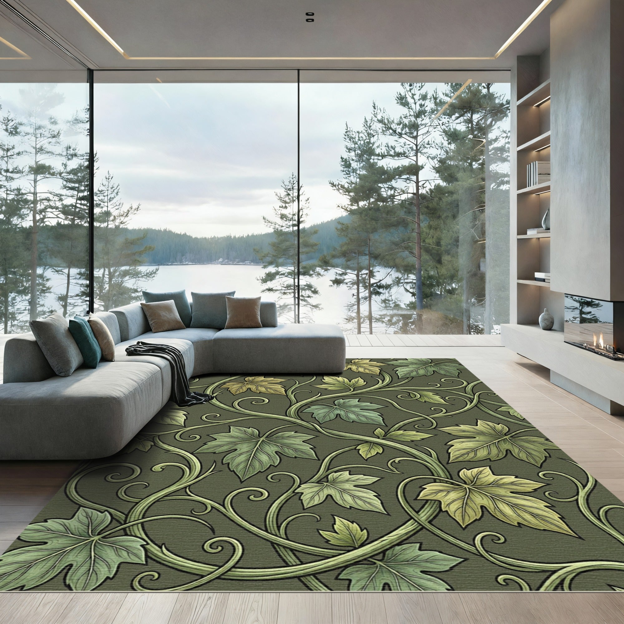 Earthy Olive Green Botanical Vine Rug