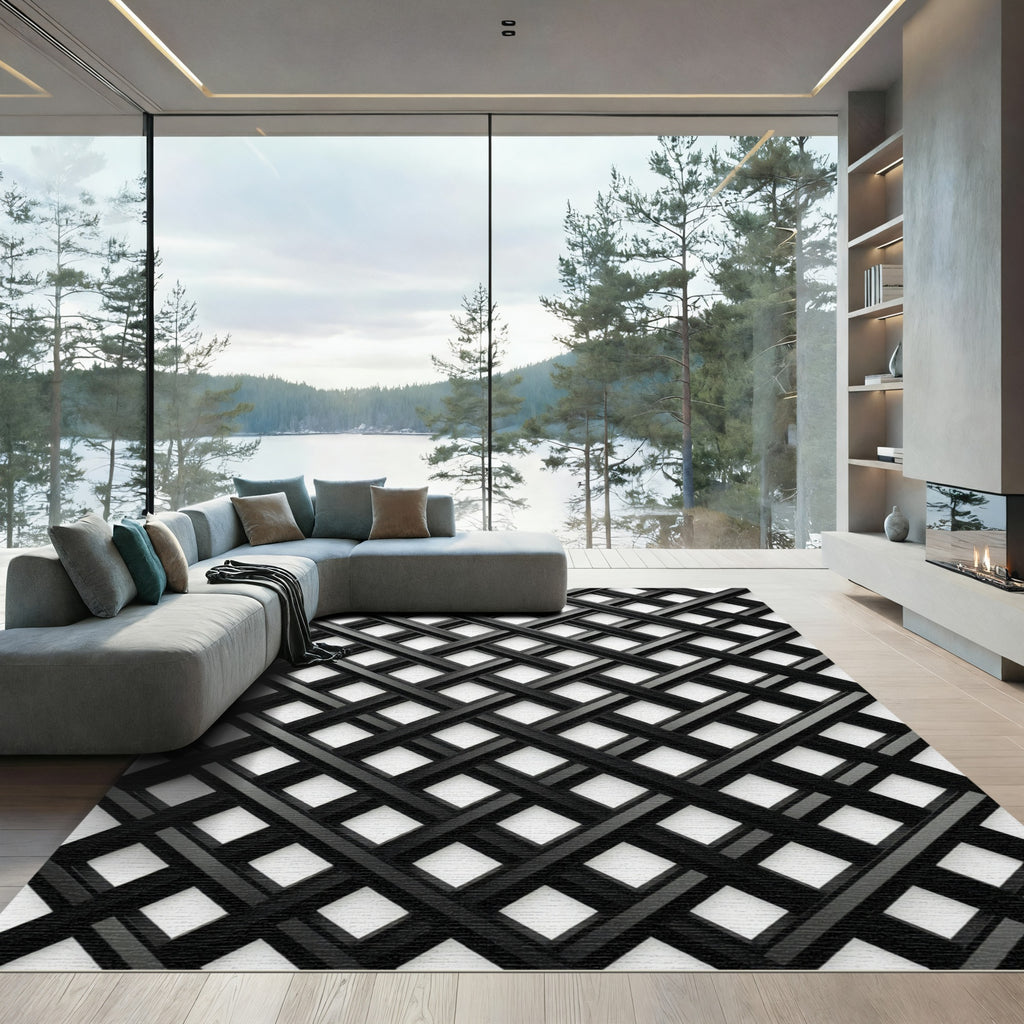 Modern Black Interlocking Geometric Lattice Rug