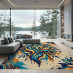 Earthy Blue Gold Swirl Floral Art Rug