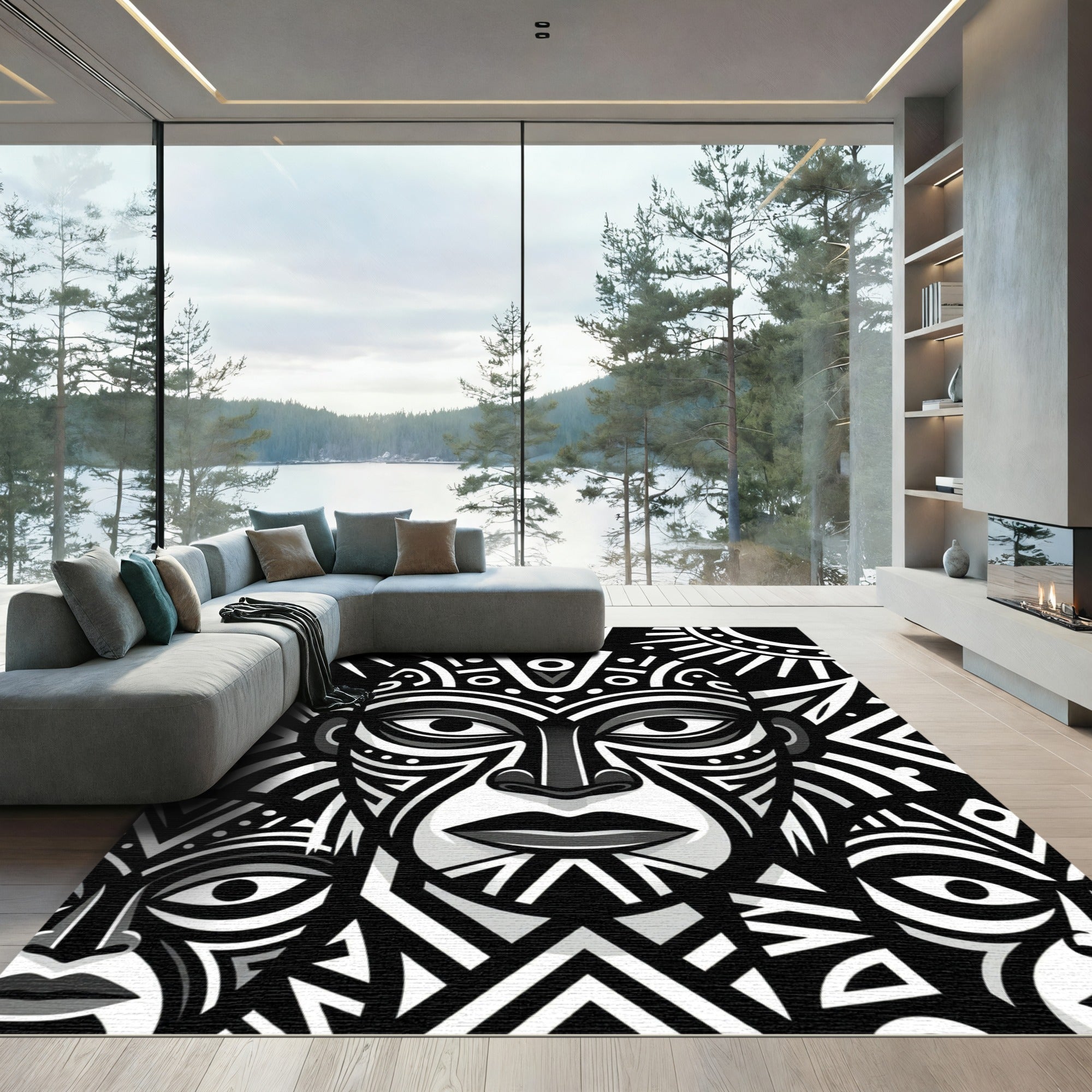 Monochrome Tribal Totem Face Art Rug