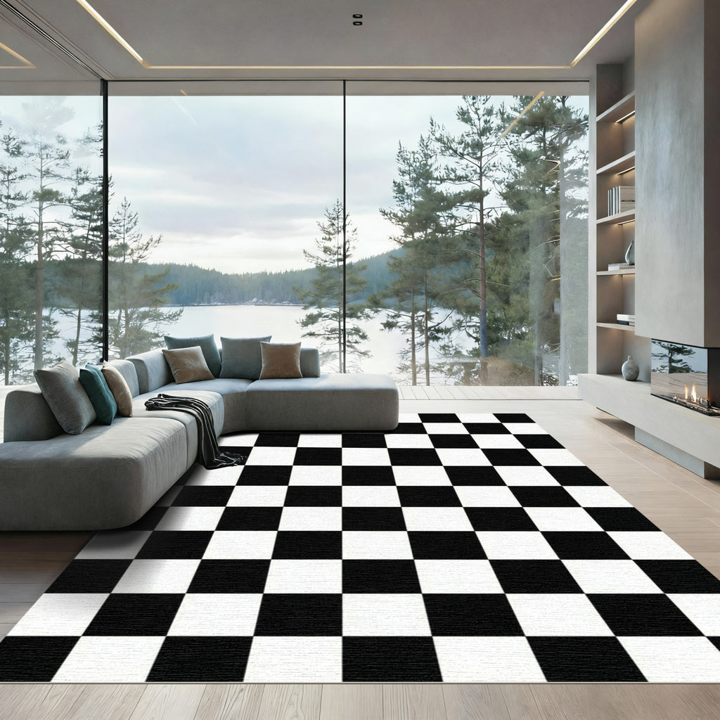 Modern Monochrome Checkerboard Grid Area Rug