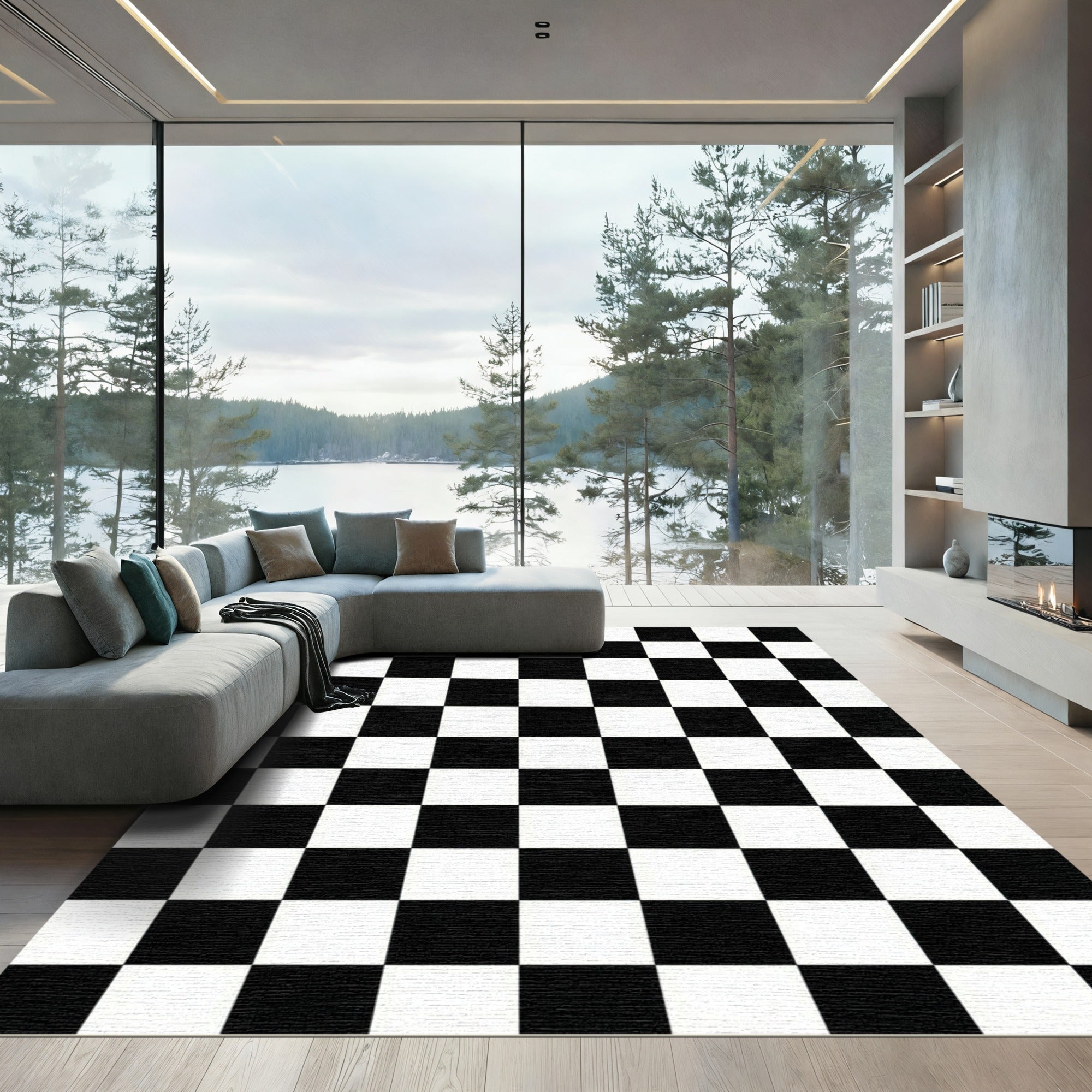 Modern Monochrome Checkerboard Grid Area Rug
