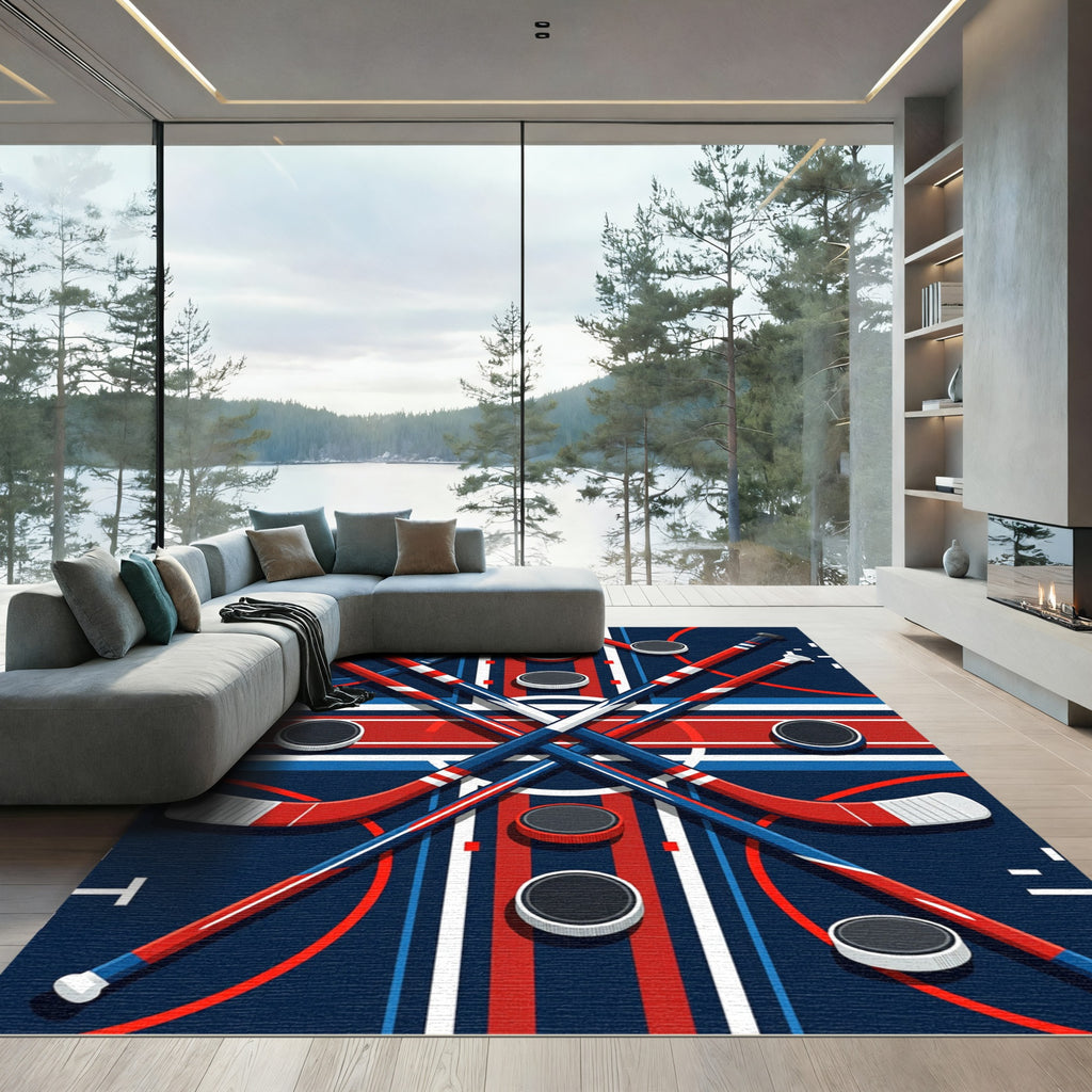 Geometric Hockey Stick and Puck Art Rug
