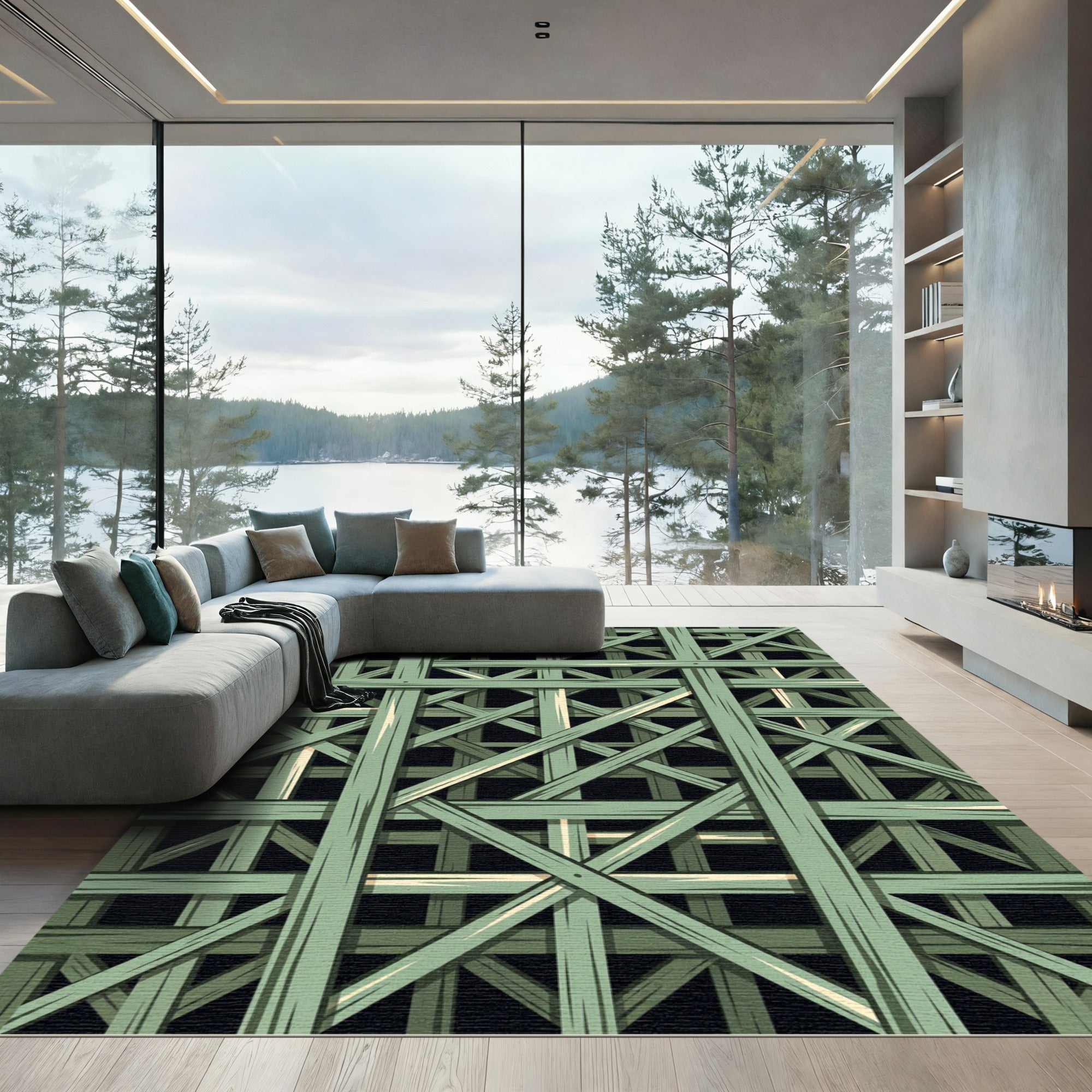 Sage Green Interlocking Wood Lattice Rug