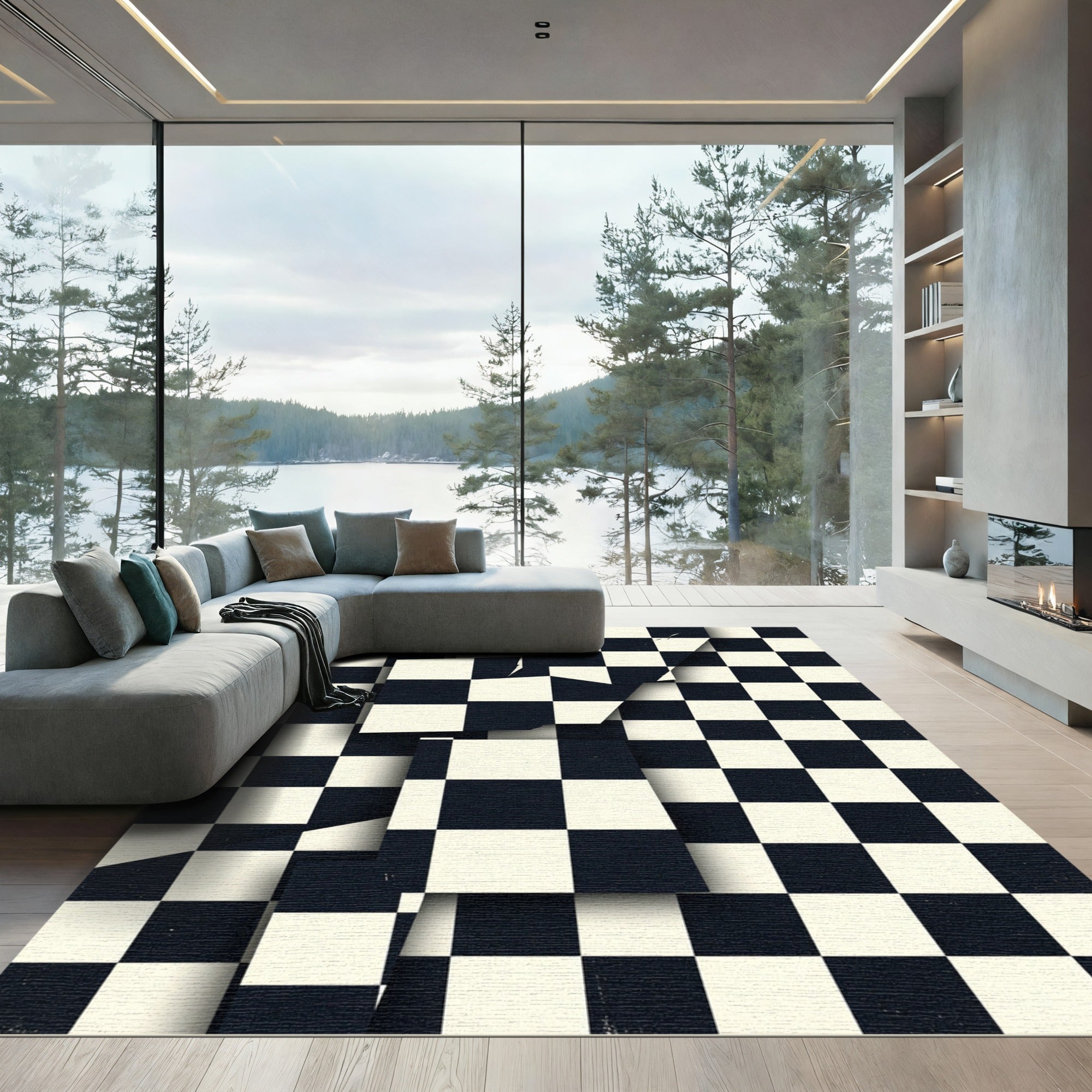 Modern Monochrome Checkered Abstract Grid Rug