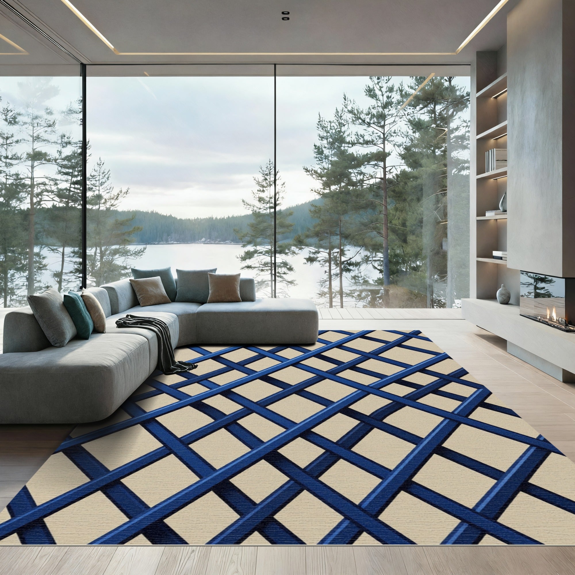 Bold Navy Blue Intersecting Grid Rug
