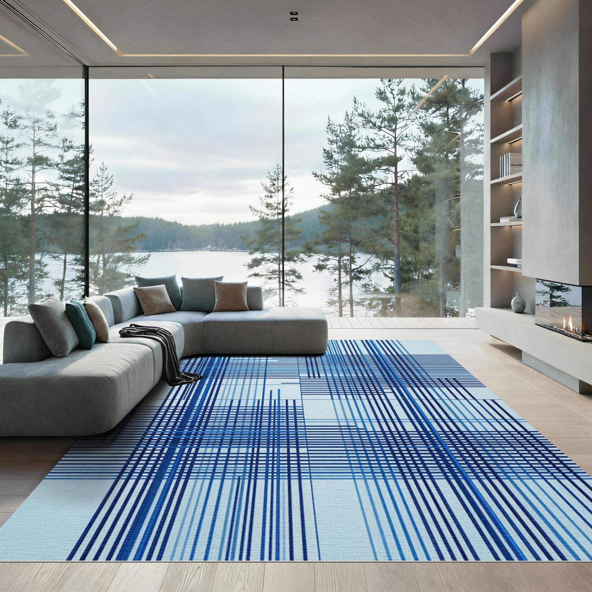 Linear Blue Abstract Grid Art Rug