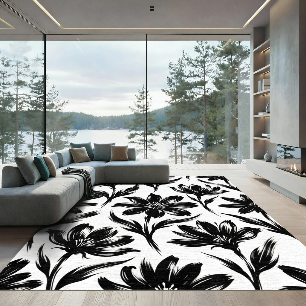 Bold Black Ink Botanical Floral Illustration Rug