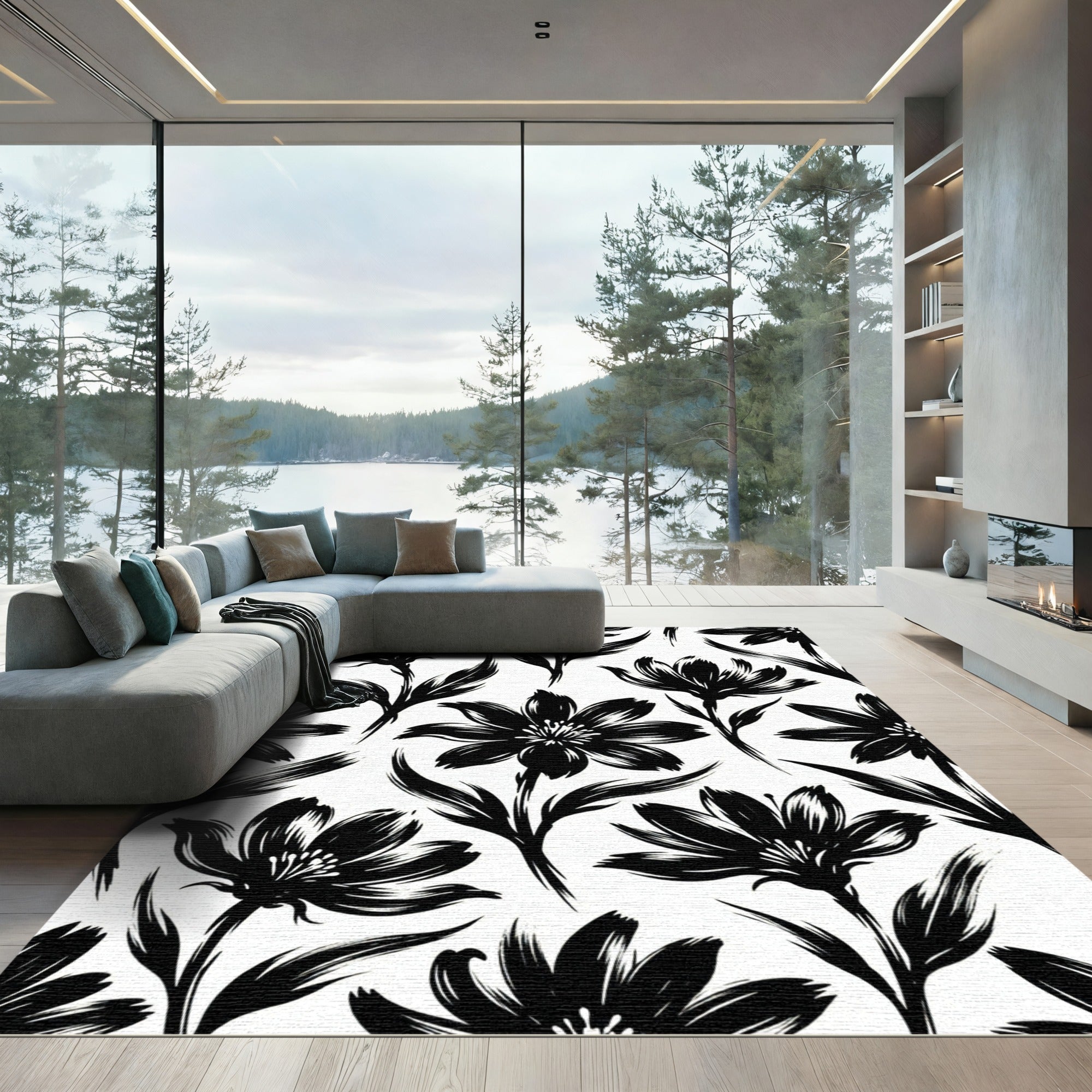Bold Black Ink Botanical Floral Illustration Rug