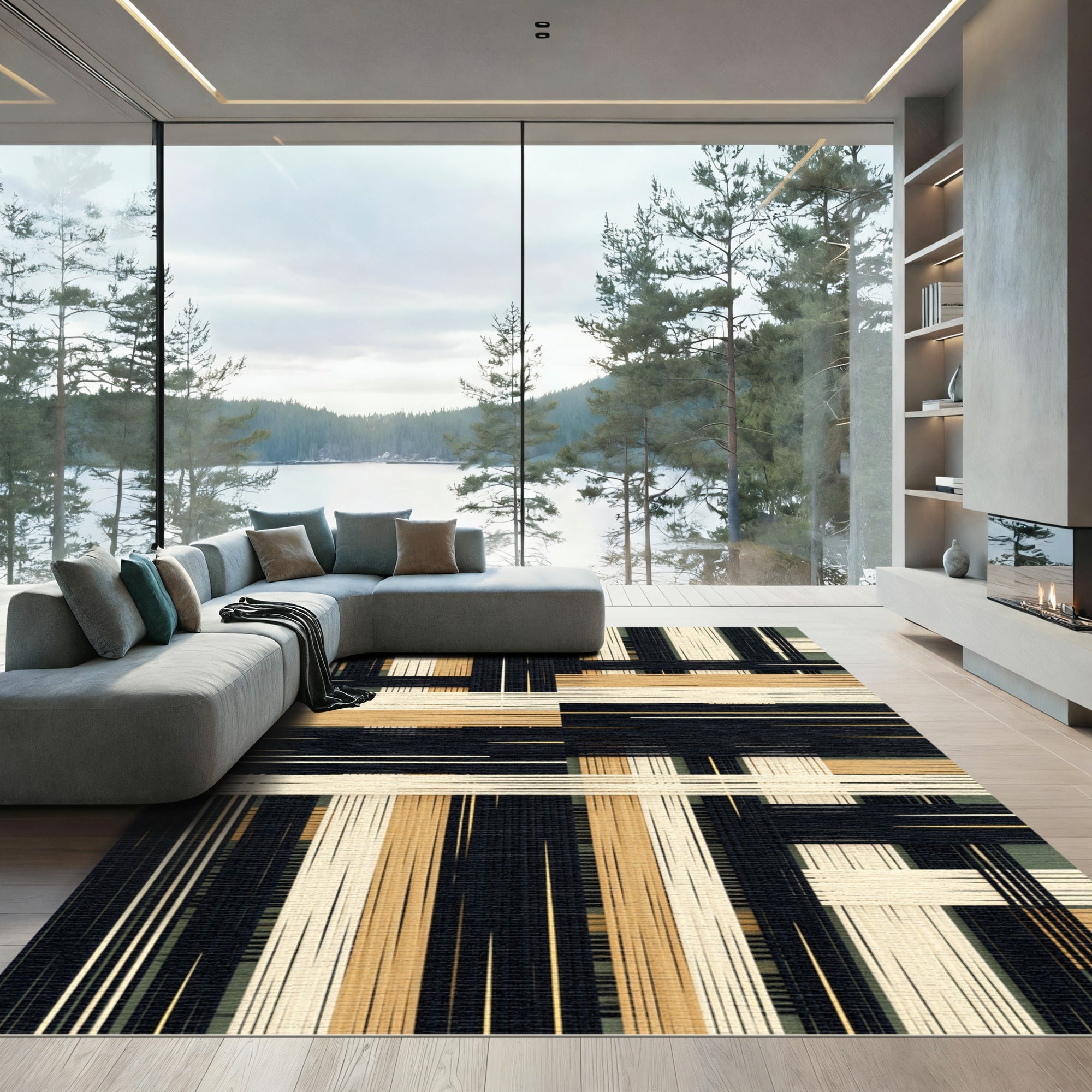 Abstract Black Cream and Ochre Grid Rug
