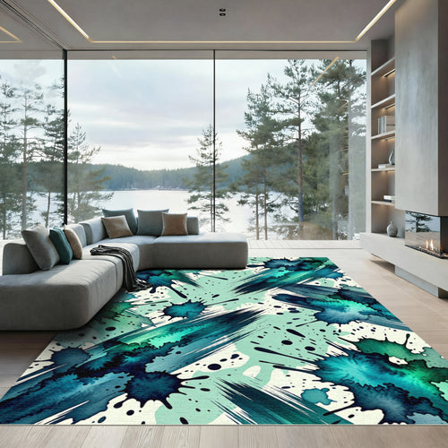 Aqua Teal Splatter Brush Stroke Rug
