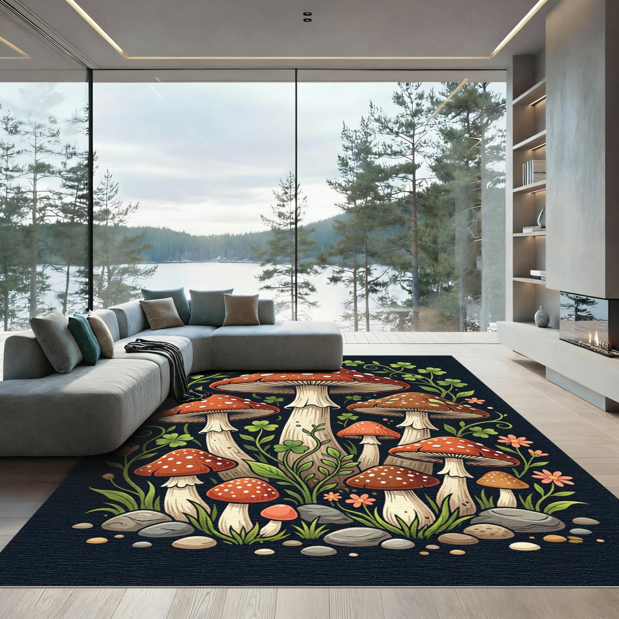 Whimsical Red Mushroom Forest Botanical Rug